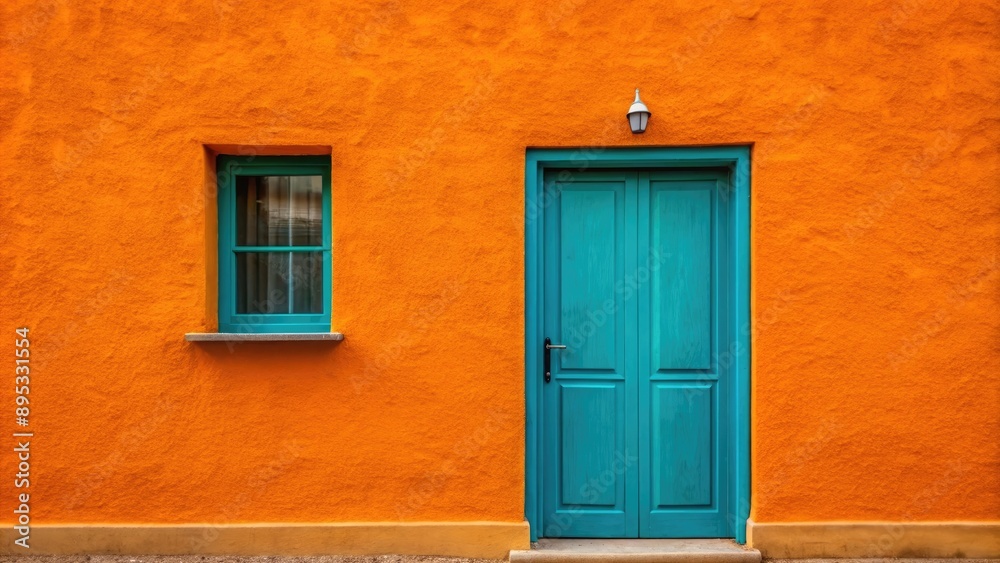 Vivid bright orange wall house facade with blue green closed door in the centre of large empty orange wide wall texture background space in panorama banner format. Vivid bright orange wall house facade with blue green closed door in the centre of large empty orange wide wall texture background space in panorama banner format.
