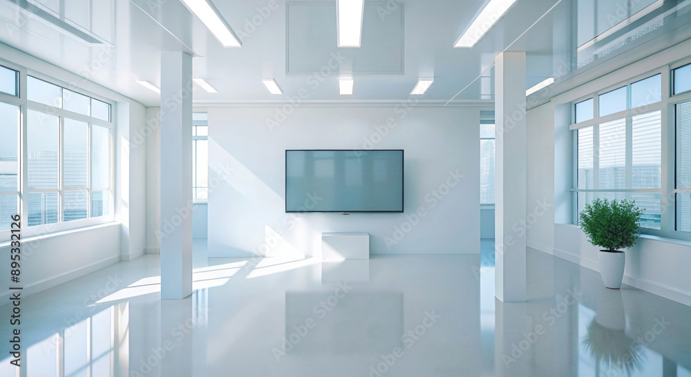 A white spacious bright room in the rays of light with a monitor in the center A white spacious bright room in the rays of light with a monitor in the center