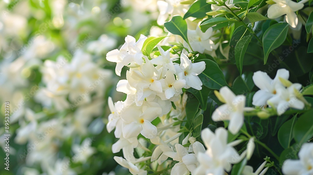 1. Jasmine flowers in full bloom during the morning, with beautifully stacked white petals, used by Thai people to create wreaths for paying homage to mothers on Mother's Day 1. Jasmine flowers in full bloom during the morning, with beautifully stacked white petals, used by Thai people to create wreaths for paying homage to mothers on Mother's Day
