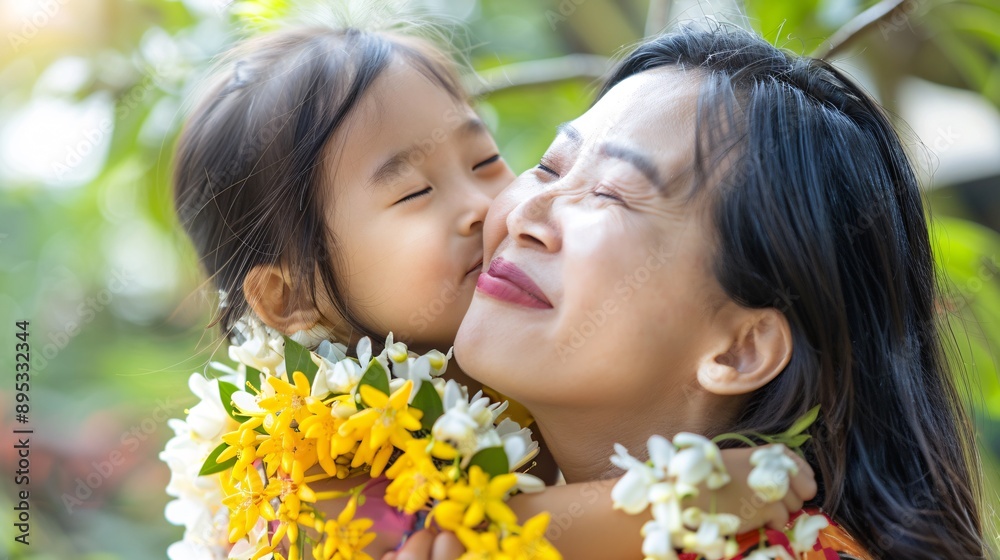 2. A joyful scene of a young Asian girl kissing her delighted mother on the cheek while giving her a traditional Thai jasmine garland. The mother embraces her child warmly, celebrating Mother's Day 2. A joyful scene of a young Asian girl kissing her delighted mother on the cheek while giving her a traditional Thai jasmine garland. The mother embraces her child warmly, celebrating Mother's Day
