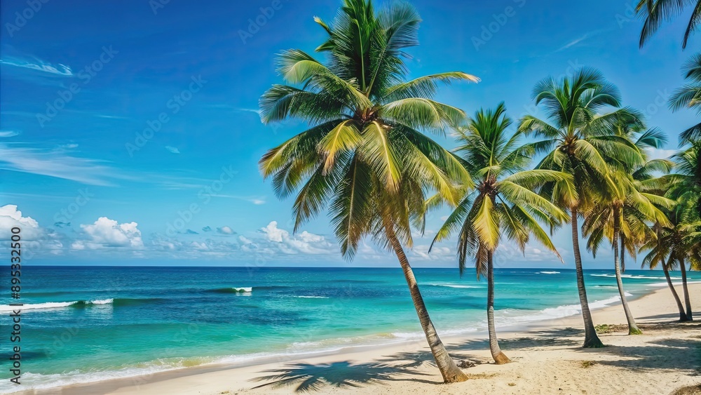 Sunny tropical beach with palm trees, blue ocean, and elements , summer, beach, tropical, sunny, palm trees, ocean,vacation Sunny tropical beach with palm trees, blue ocean, and elements , summer, beach, tropical, sunny, palm trees, ocean,vacation