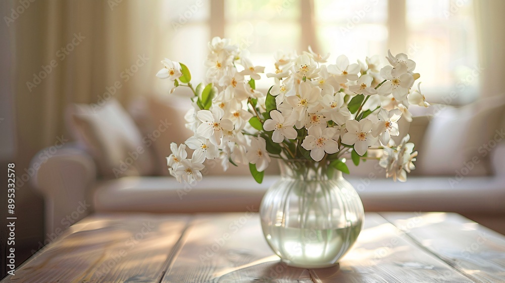 4. Vase of jasmine flowers on a wooden table in the living room, the white blossoms adding a touch of elegance and freshness to the home setting 4. Vase of jasmine flowers on a wooden table in the living room, the white blossoms adding a touch of elegance and freshness to the home setting