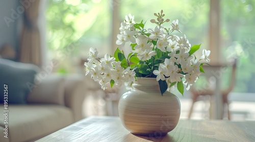 Wallpaper Mural 4. Vase of jasmine flowers on a wooden table in the living room, the white blossoms adding a touch of elegance and freshness to the home setting Torontodigital.ca