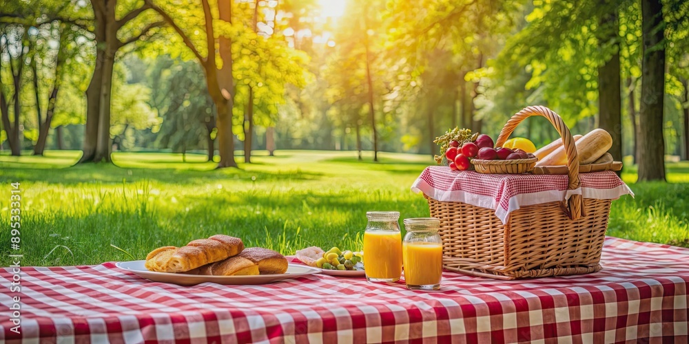 Checkered picnic tablecloth with a delicious snack overlooking a beautiful park on a sunny day , picnic, tablecloth, snack
