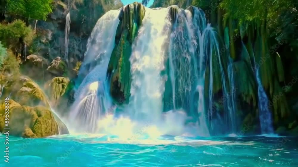 Waterfall Cascading into a Tranquil Pool. A cascading waterfall flows into a still pool, creating a mesmerizing scene of nature's beauty. Seamless looping video background animation. Generated with AI