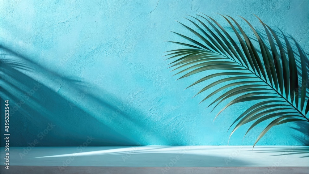 Minimal product placement background with palm shadow on blue plaster wall. Luxury summer architecture interior aesthetic. Boho home room for product platform stage mockup. Minimal product placement background with palm shadow on blue plaster wall. Luxury summer architecture interior aesthetic. Boho home room for product platform stage mockup.