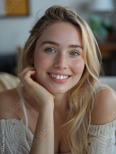 A young woman sits comfortably on a couch, looking relaxed and calm