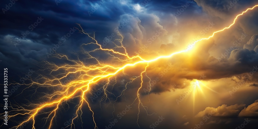 Powerful golden lightning bolt splitting the dark night sky with ...