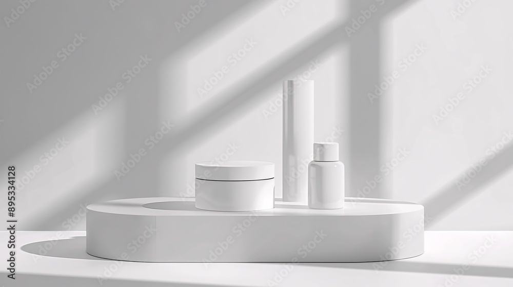 1. Sleek white podium display set against a clean minimalist backdrop with soft shadows and smooth surfaces, ideal for showcasing elegant cosmetic products 1. Sleek white podium display set against a clean minimalist backdrop with soft shadows and smooth surfaces, ideal for showcasing elegant cosmetic products