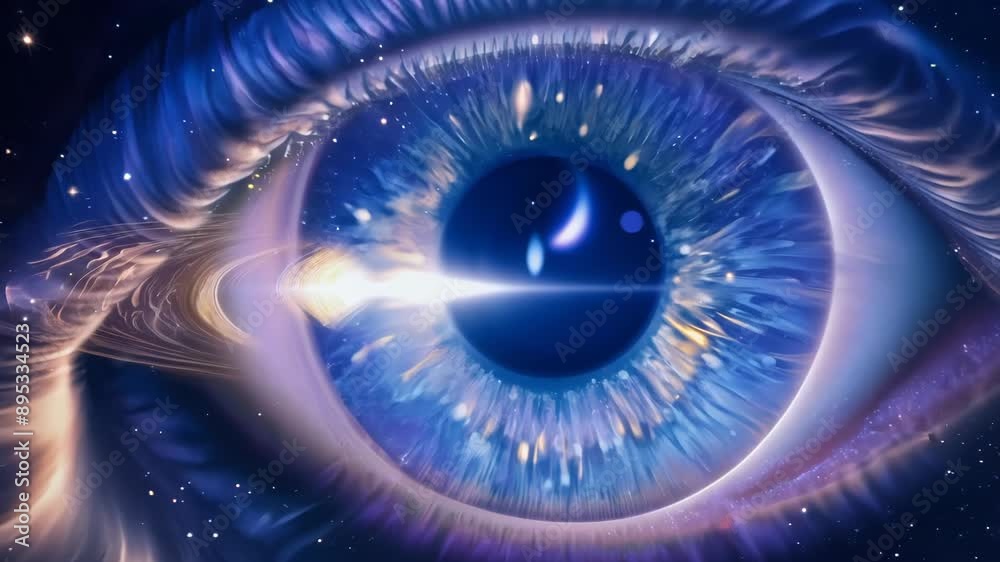 Extreme close-up: Vibrant blue eye with cosmic elements. Pupil transforms into starry nebula. Intricate iris details blend with celestial lights, evoking wonder and infinite possibilities. Extreme close-up: Vibrant blue eye with cosmic elements. Pupil transforms into starry nebula. Intricate iris details blend with celestial lights, evoking wonder and infinite possibilities.