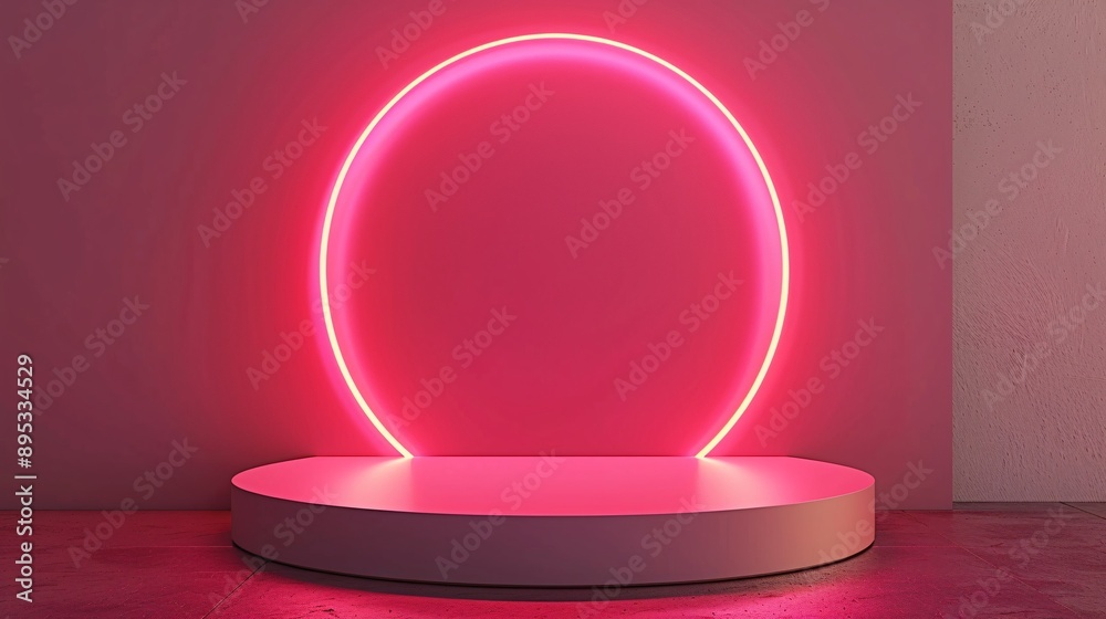 1. Realistic pink 3D cylinder pedestal podium featuring a glowing neon semi-circle lamp, set in a minimal scene designed for product stage showcases and promotion displays, with a clean geometric 1. Realistic pink 3D cylinder pedestal podium featuring a glowing neon semi-circle lamp, set in a minimal scene designed for product stage showcases and promotion displays, with a clean geometric