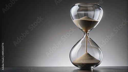 Modern hourglass with fine sand running out on grey background, illustrating time escaping, time, hourglass photo