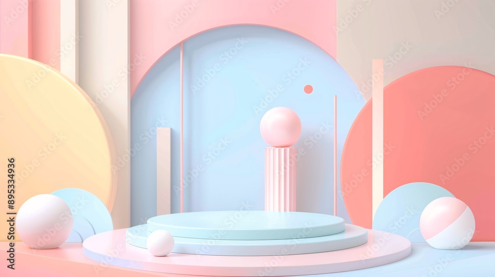 3. Playful vector background in paper cut style with geometric pastel color shapes, designed for a 3D render of a product display podium, offering a cute and visually appealing backdrop 3. Playful vector background in paper cut style with geometric pastel color shapes, designed for a 3D render of a product display podium, offering a cute and visually appealing backdrop