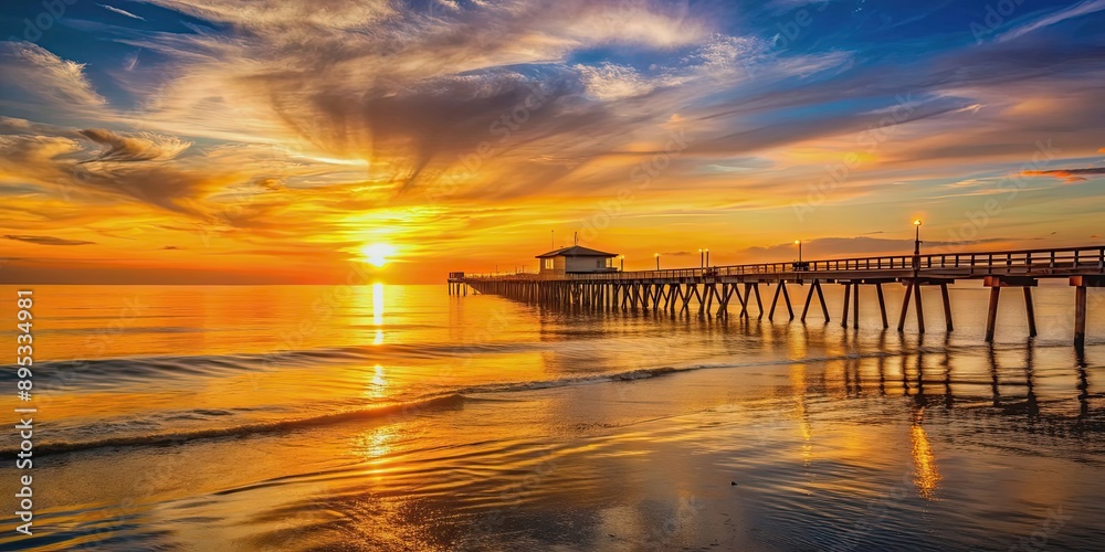 Sunset at the Pier with a peaceful golden sky reflecting on calm ocean waters, sunset, pier, beach, peaceful, ocean, water Sunset at the Pier with a peaceful golden sky reflecting on calm ocean waters, sunset, pier, beach, peaceful, ocean, water