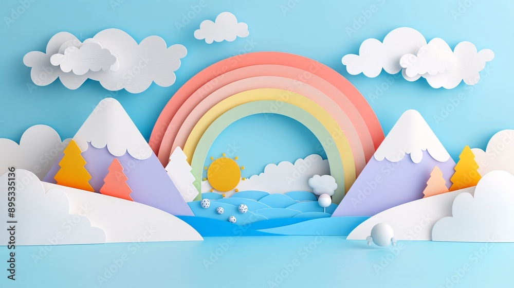 4. Playful landscape banner in realistic paper cut art, showcasing a rainbow and fluffy clouds, creating an enchanting setting for a colorful kids' podium product display 4. Playful landscape banner in realistic paper cut art, showcasing a rainbow and fluffy clouds, creating an enchanting setting for a colorful kids' podium product display