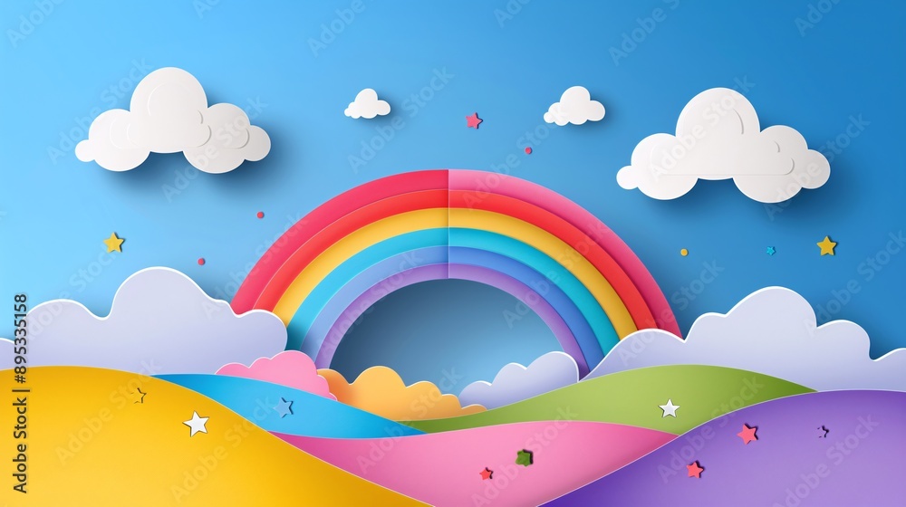 5. Colorful paper cut landscape banner featuring a rainbow and clouds in realistic paper craft style, perfect for a kids' product display podium, providing a lively and joyful backdrop 5. Colorful paper cut landscape banner featuring a rainbow and clouds in realistic paper craft style, perfect for a kids' product display podium, providing a lively and joyful backdrop