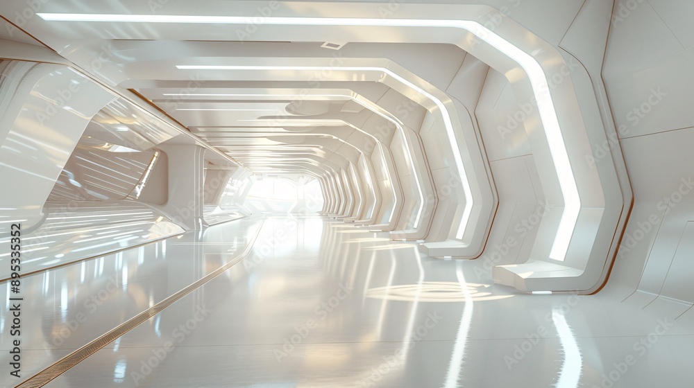 Obraz premium 3. Bright and airy 3D rendered hall with a futuristic sci-fi feel, characterized by its light white walls and integrated lighting, creating a spacious and modern environment