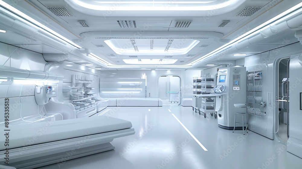 4. Pristine 3D rendered interior of a white futuristic hospital lab, showcasing advanced medical machines and an array of medical supplies in a well-organized, sterile environment 4. Pristine 3D rendered interior of a white futuristic hospital lab, showcasing advanced medical machines and an array of medical supplies in a well-organized, sterile environment