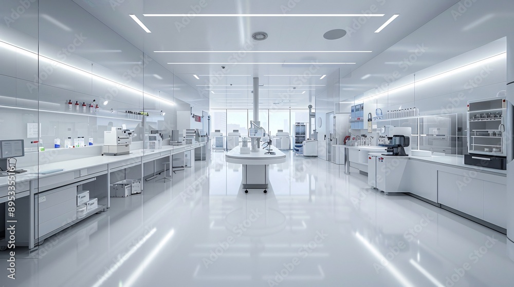 3. Ultra-modern 3D rendering of a futuristic hospital laboratory with white walls, cutting-edge medical machines, and meticulously organized supplies, creating a clean and efficient workspace 3. Ultra-modern 3D rendering of a futuristic hospital laboratory with white walls, cutting-edge medical machines, and meticulously organized supplies, creating a clean and efficient workspace