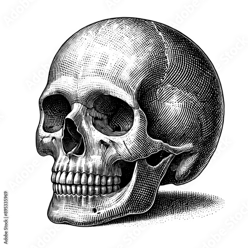 Digital artwork of a human skull, featuring detailed line art, engraving style on a transparent background.