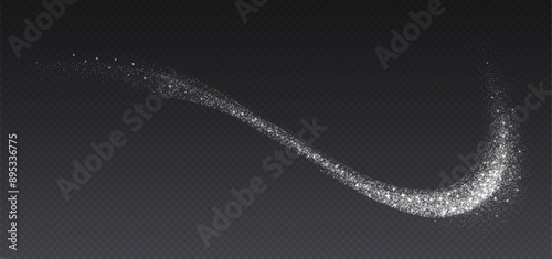 Silver glitter splash, shiny star dust explosion, shimmer spray effect, festive holiday particles isolated on a dark background. Vector illustration.