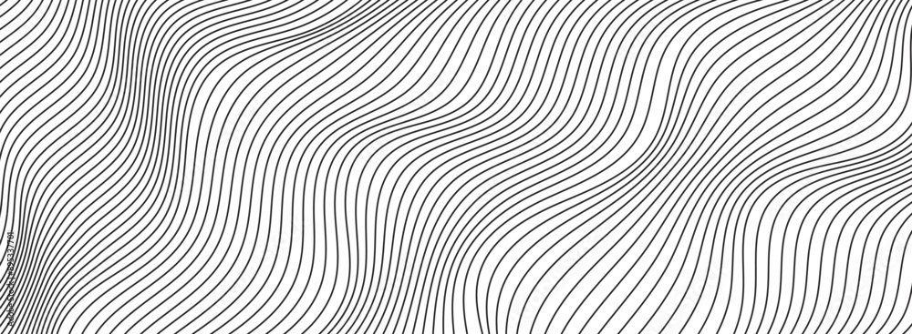 Wave lines abstract background, black thin wavy stripes with movement optical effect. Minimalistic drawing, graphic curves flow. Modern vector illustration isolated on white. Wave lines abstract background, black thin wavy stripes with movement optical effect. Minimalistic drawing, graphic curves flow. Modern vector illustration isolated on white.