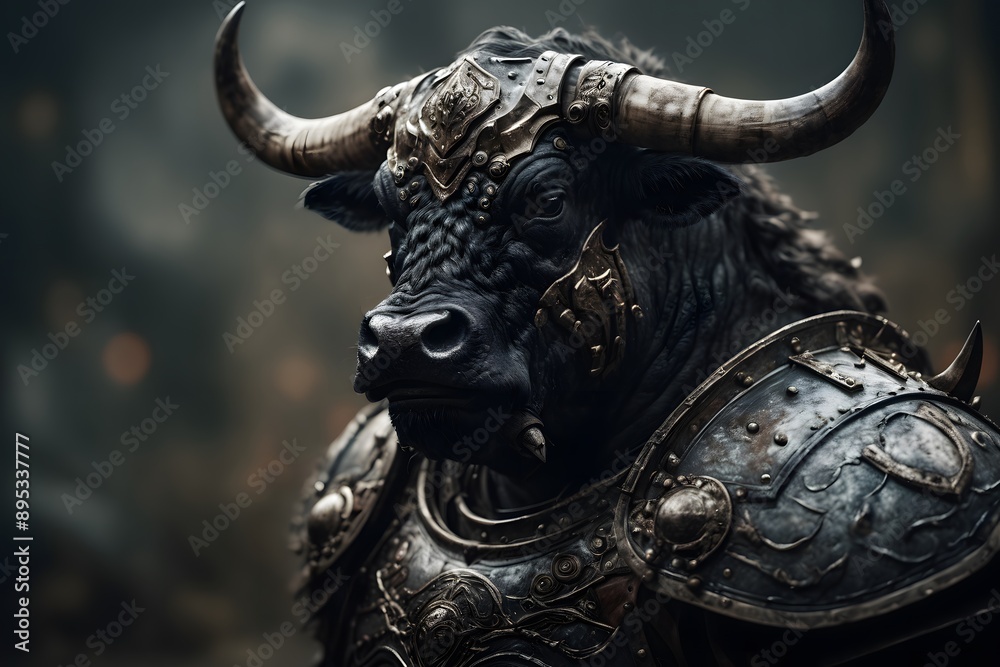 Warrior monster bull with armor, fantasy character in cinematic view background.