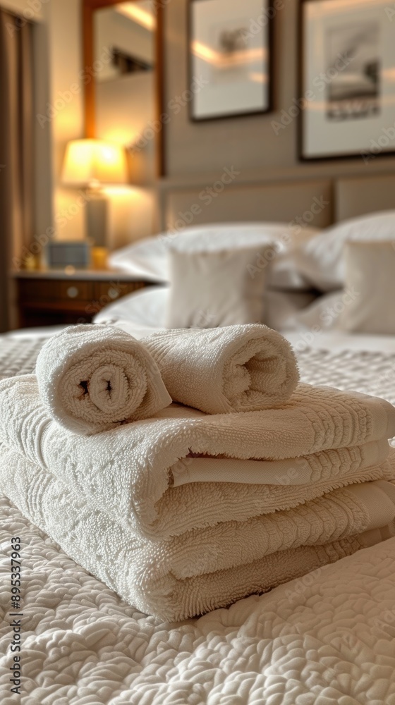 A towel folded neatly on a bed. A towel folded neatly on a bed.