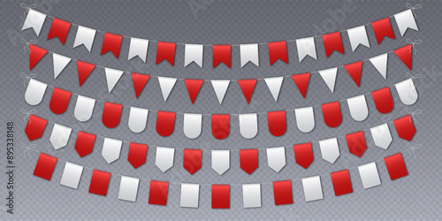 Bunting flags, carnival party flags, white and red festive pennants hanging on a rope. Festival vector decoration.