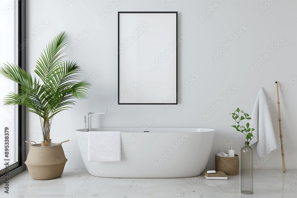 Minimalist Scandinavian Bathroom Interior Design with Small Blank Poster Mockup Minimalist Scandinavian Bathroom Interior Design with Small Blank Poster Mockup
