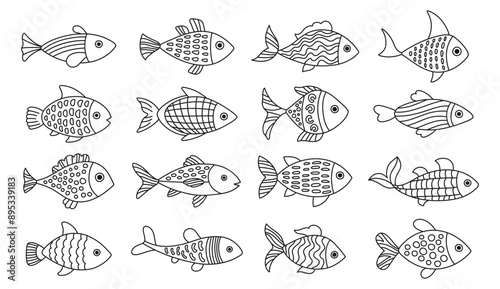 Sea fish doodle cartoon fantasy set. Outline cute fish with hand drawn ornament. Childish exotic design abstract naive art. Tuna salmon or aquarium fishes. Flat design isolated vector illustration