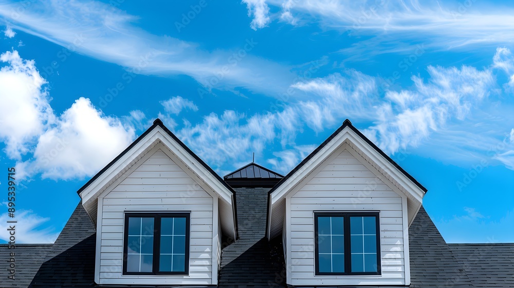 Picturesque house with white siding and black roof against a blue sky Picturesque house with white siding and black roof against a blue sky