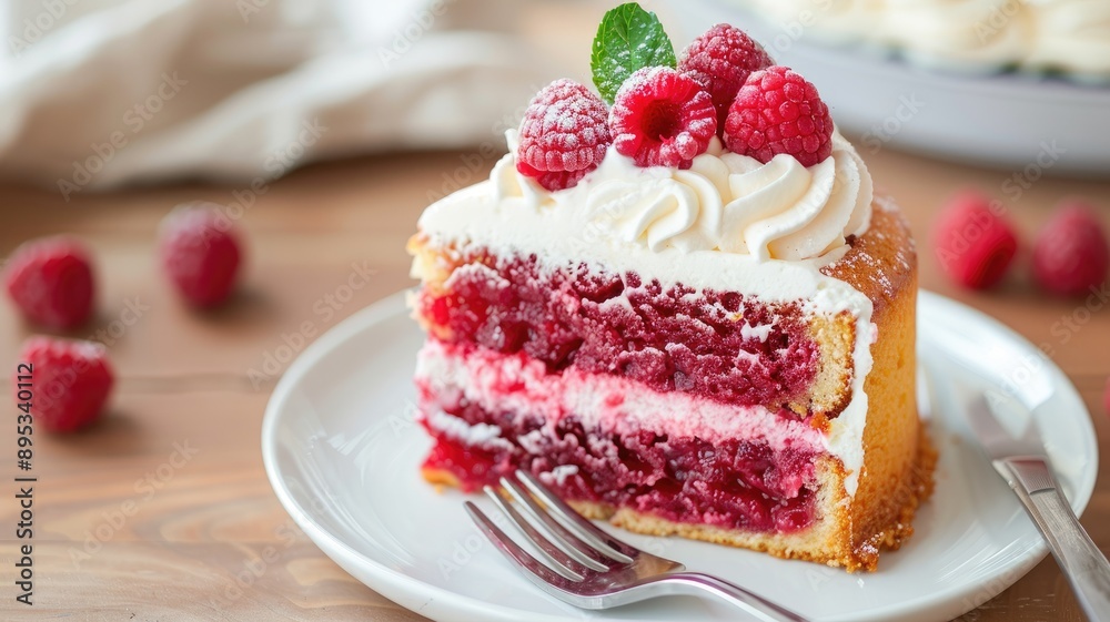 Slice of raspberry layer cake topped with whipped cream and fresh raspberries on plate