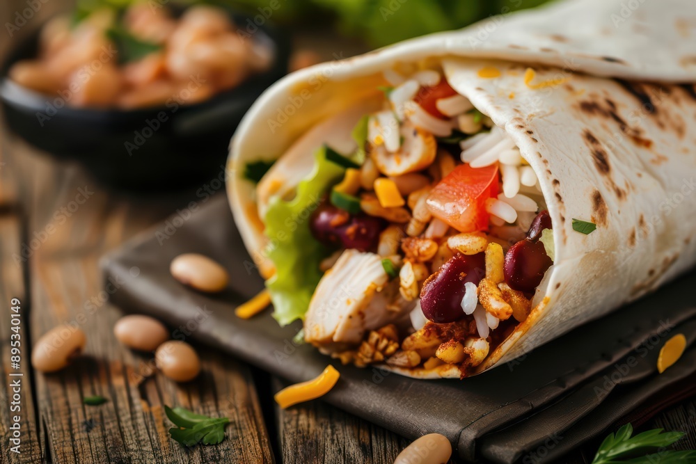 A hearty burrito packed with rice, beans, and grilled chicken, banner, with copy space A hearty burrito packed with rice, beans, and grilled chicken, banner, with copy space