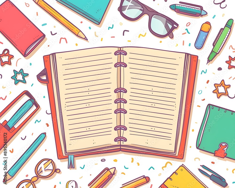 Colorful back to school flat lay with open notebook surrounded by glasses, pencils, and pens, perfect for education themes.