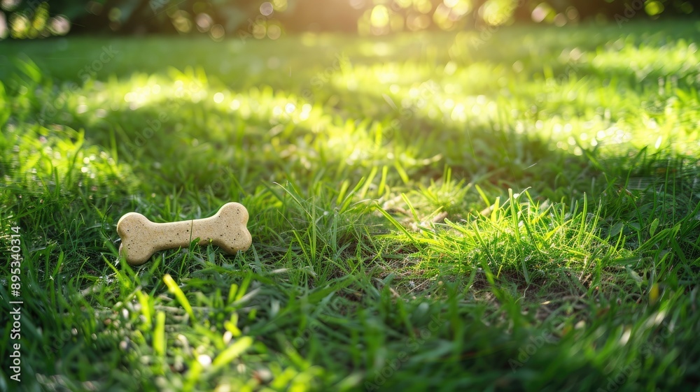 Dog bone treat resting on grass in sunlight Dog bone treat resting on grass in sunlight