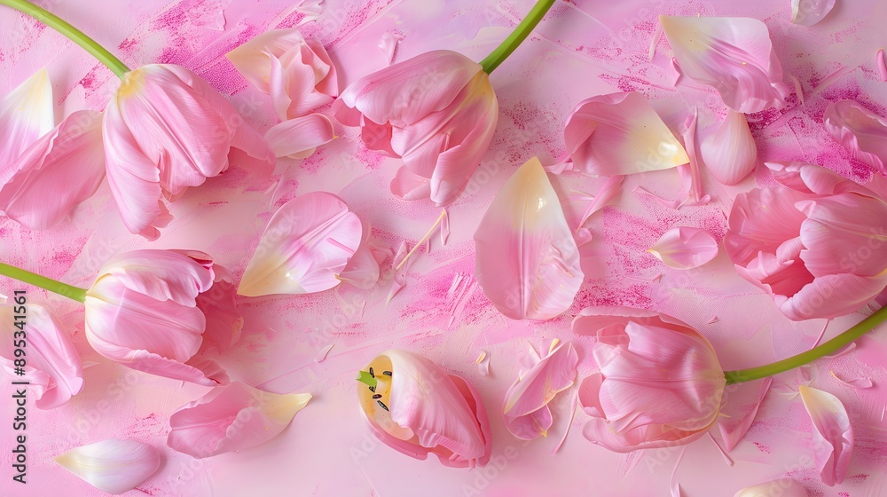 Pink tulip petals scattered on a pink background, artistic and decorative Pink tulip petals scattered on a pink background, artistic and decorative
