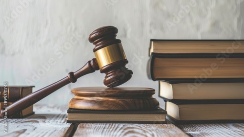 Brown gavel and books in focus on wooden table against white background photo