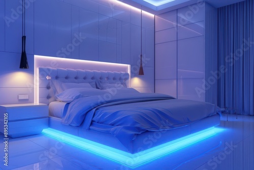 A stylish bedroom with cuttingedge lighting and contemporary decor, creating an ultramodern, supernatural scene, and a serene space for relaxation