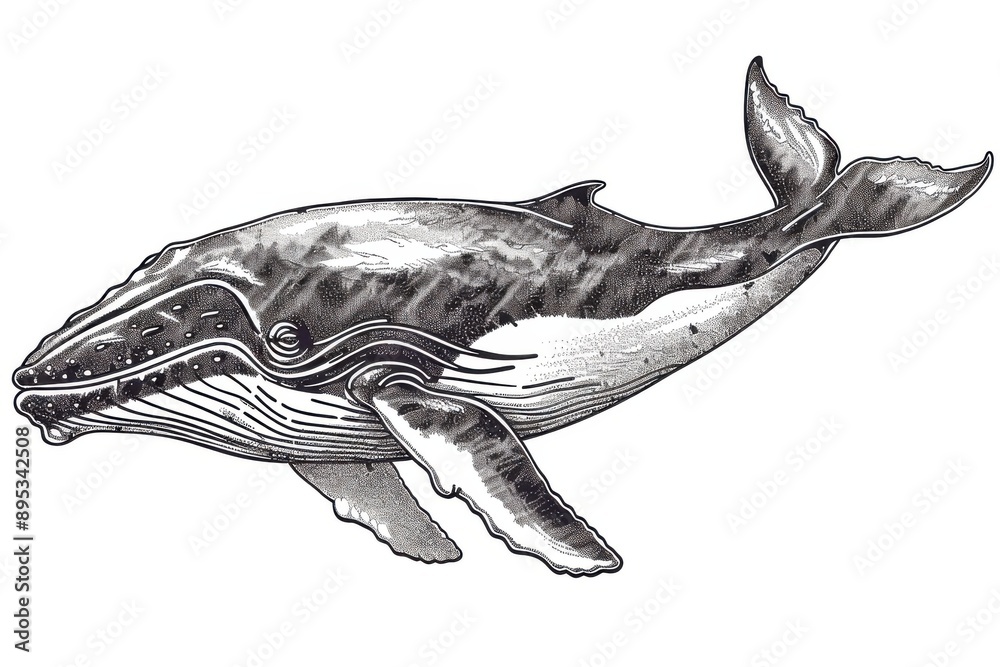 Black and white Vintage engraved art of a close-up portrait of a whale ...