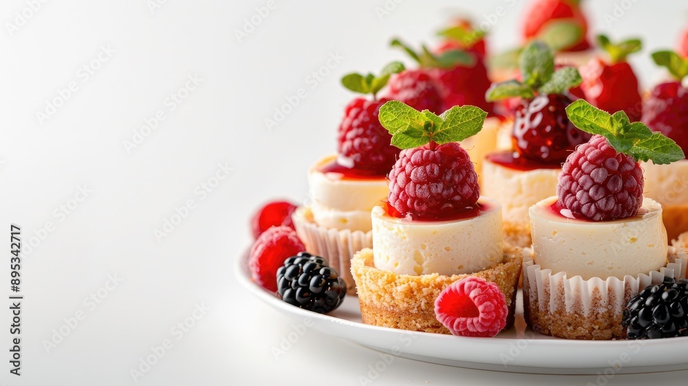 Assorted small cheesecakes with berries and mint garnish Assorted small cheesecakes with berries and mint garnish