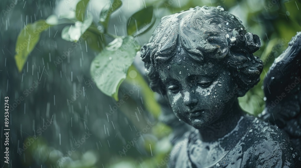Rain-soaked angel statue stands amidst lush green leaves Rain-soaked angel statue stands amidst lush green leaves