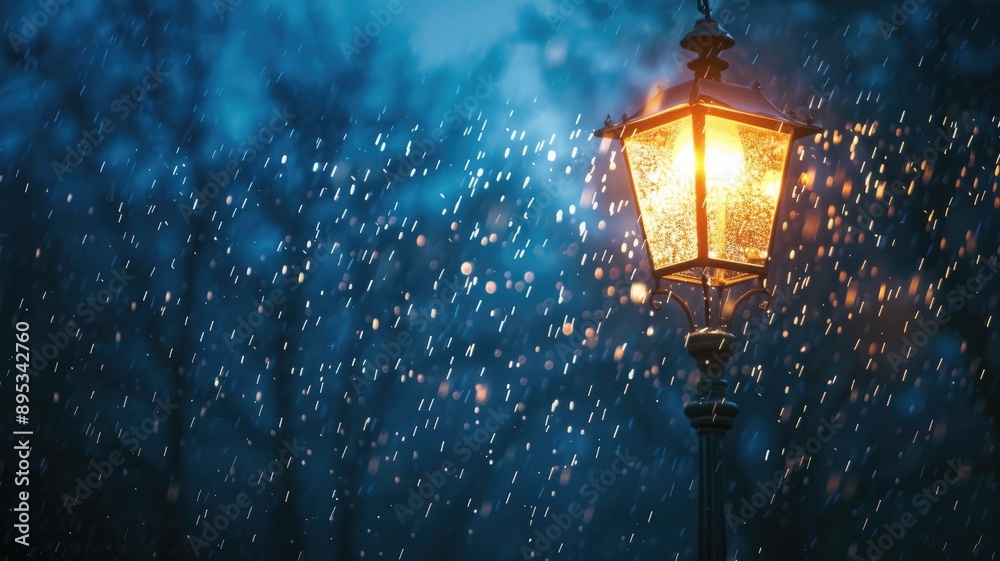 Street lamp illuminating falling snowflakes at twilight Street lamp illuminating falling snowflakes at twilight