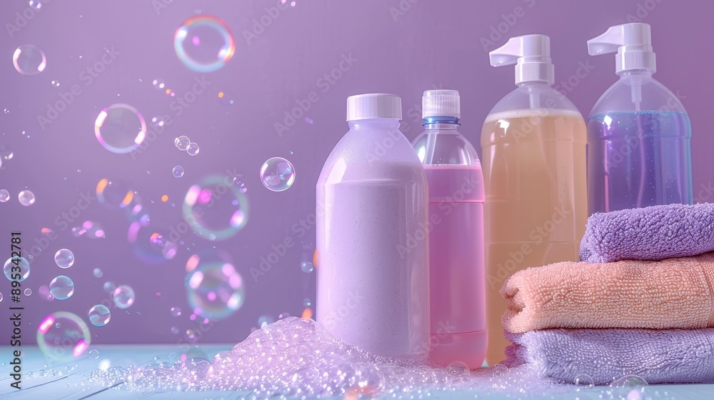 A row of cleaning supplies including a bottle of Windex and a bottle of soap A row of cleaning supplies including a bottle of Windex and a bottle of soap