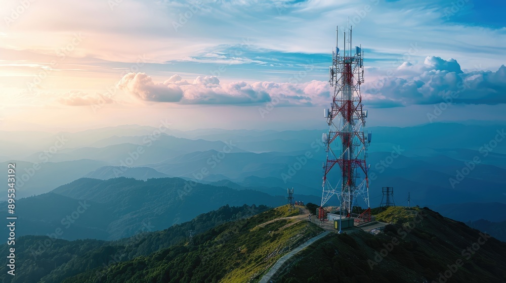 Telecommunication towers on top of mountain with beautiful white cloud and blue sky ,generative ai Telecommunication towers on top of mountain with beautiful white cloud and blue sky ,generative ai