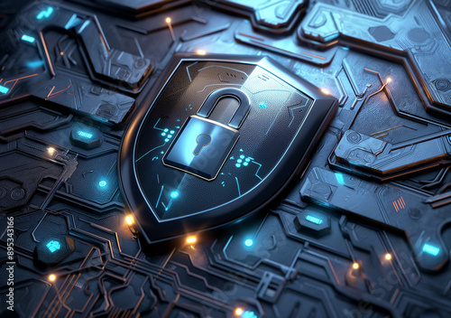 illustration of an internet security badge. The badge is a sleek, metallic look with a shield shape, padlock and a digital circuit board pattern to symbolize cybersecurity.