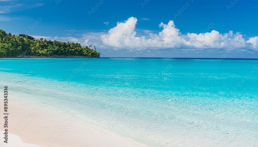 Naklejka premium Beautiful tropical summer beach, white sand and blue sea waves, nature background, vacation in paradise concept for tourism, vivid colorful.