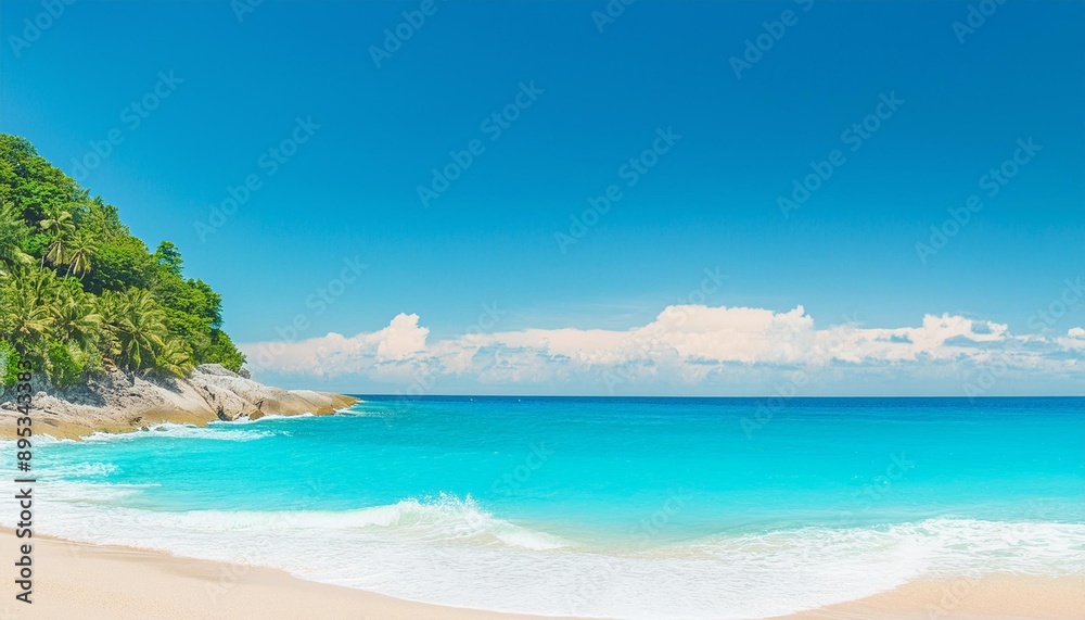 Beautiful tropical summer beach, white sand and blue sea waves, nature background, vacation in paradise concept for tourism, vivid colorful. Beautiful tropical summer beach, white sand and blue sea waves, nature background, vacation in paradise concept for tourism, vivid colorful.
