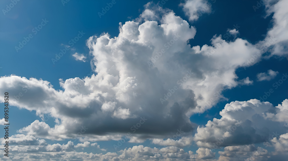 Fototapeta premium Blue sky with clouds, shining sun and white fluffy clouds. 300dpi.