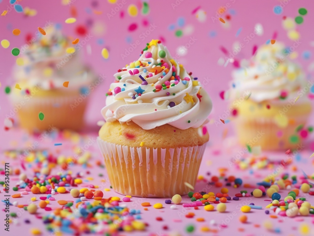 A single cupcake with white frosting and colorful sprinkles on a pink background A single cupcake with white frosting and colorful sprinkles on a pink background